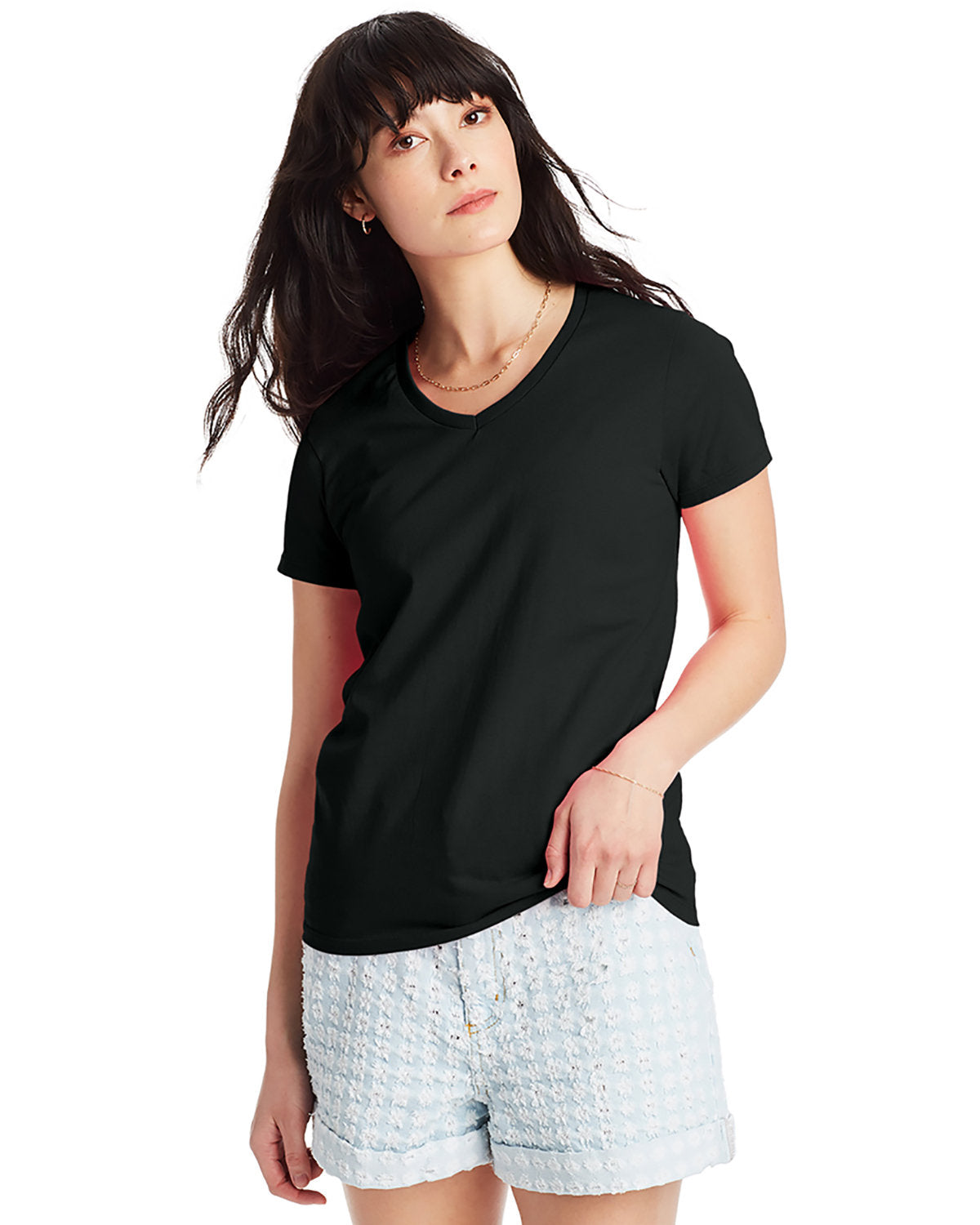 EFFORTLESS-ELEGANCE-HANES-LADIES-ESSENTIAL-T-V-NECK-T-SHIRT-ELEVATE-YOUR-CASUAL-CHIC