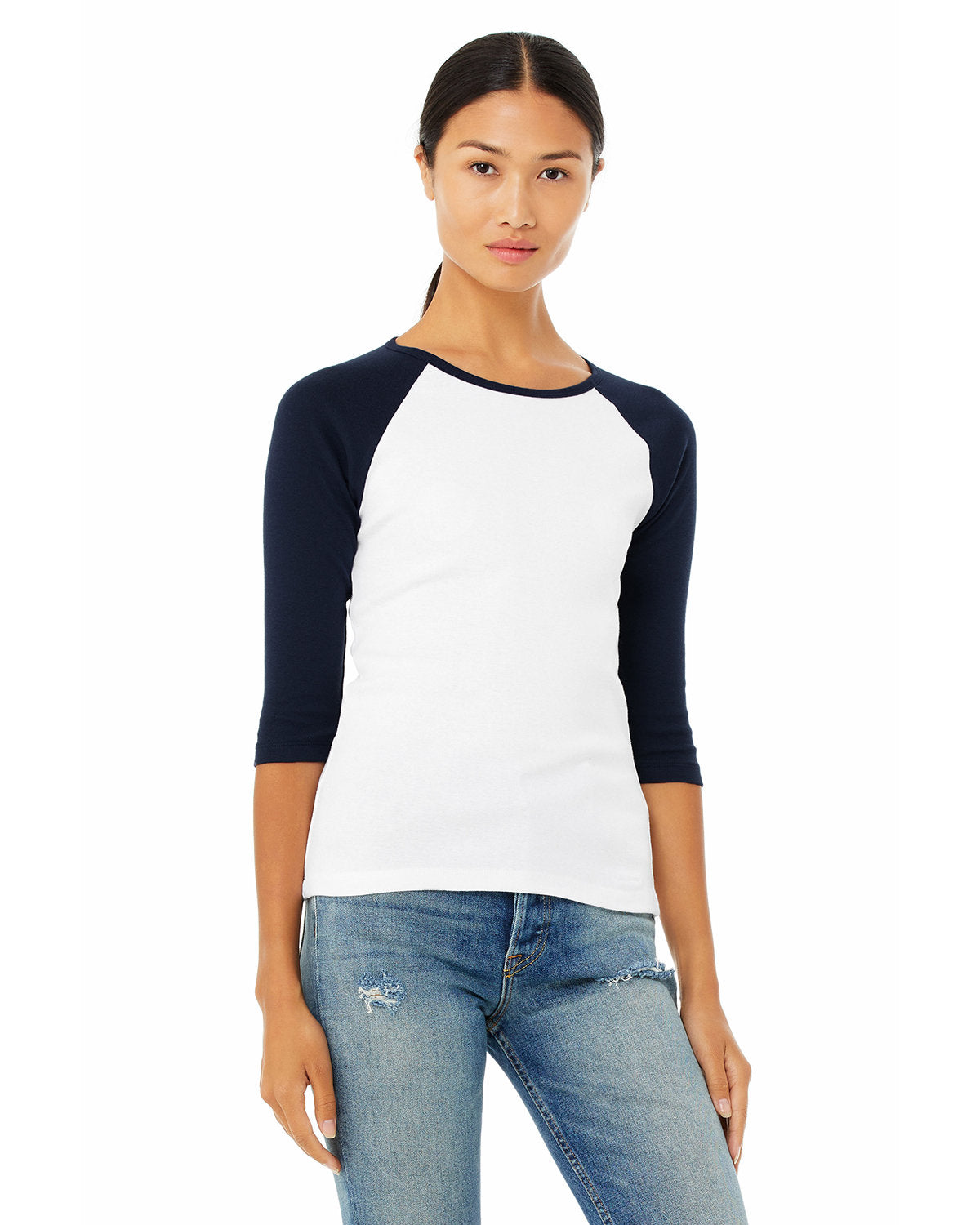 Bella + Canvas Ladies' Baby Rib 3/4-Sleeve Contrast Raglan Tee: Stylish Contrast and Comfort