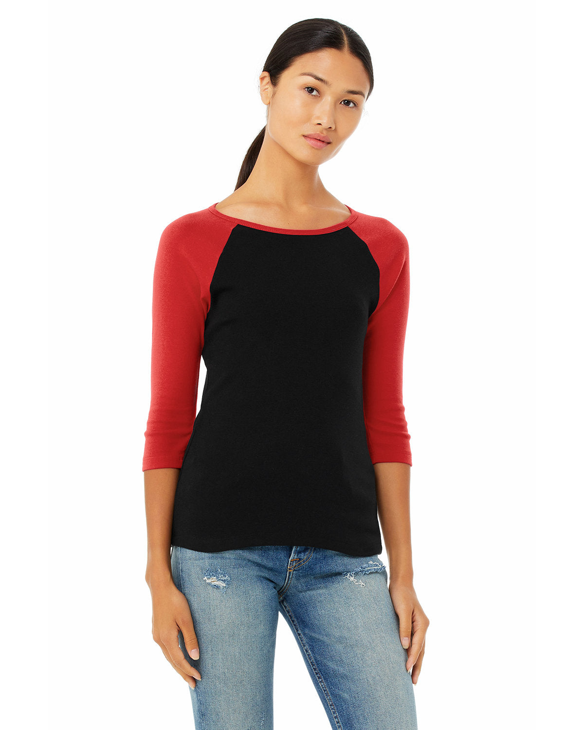 Bella + Canvas Ladies' Baby Rib 3/4-Sleeve Contrast Raglan Tee: Stylish Contrast and Comfort